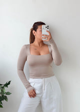 Size S-M Taupe Square Neck Fitted Top