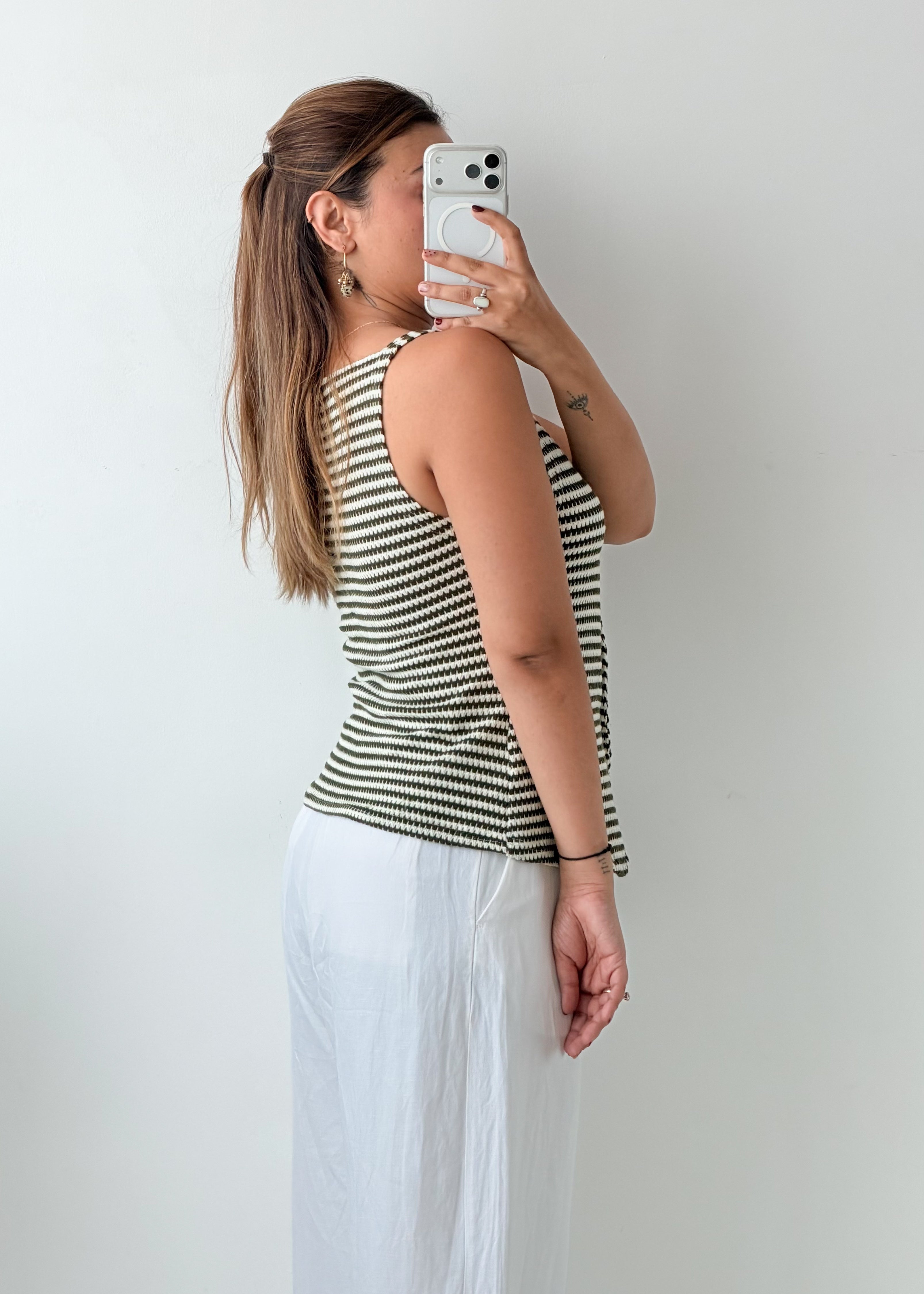 Size S-M Black White Striped Button-Front Top