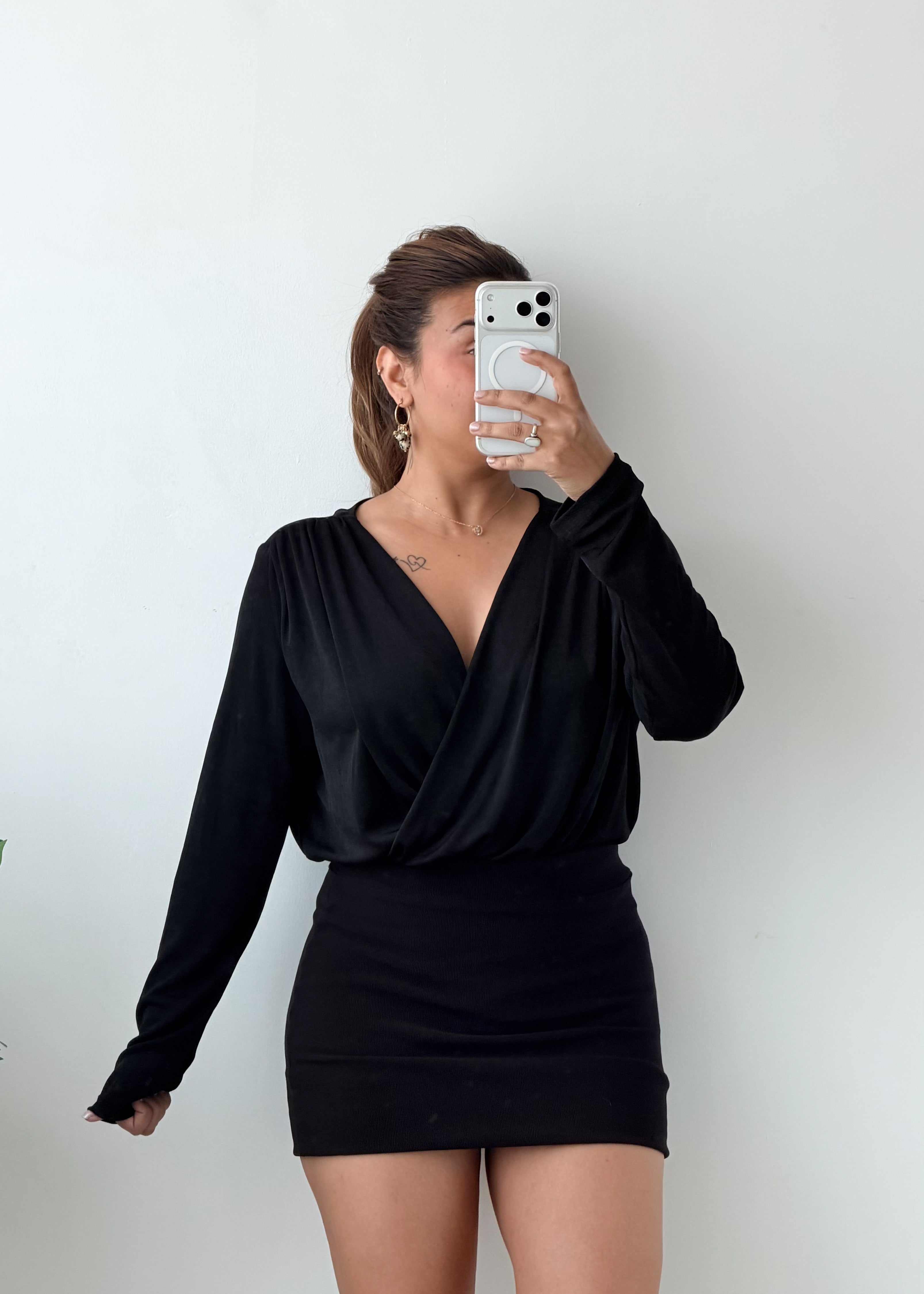 Size L-XL Black Draped V-Neck Bodysuit