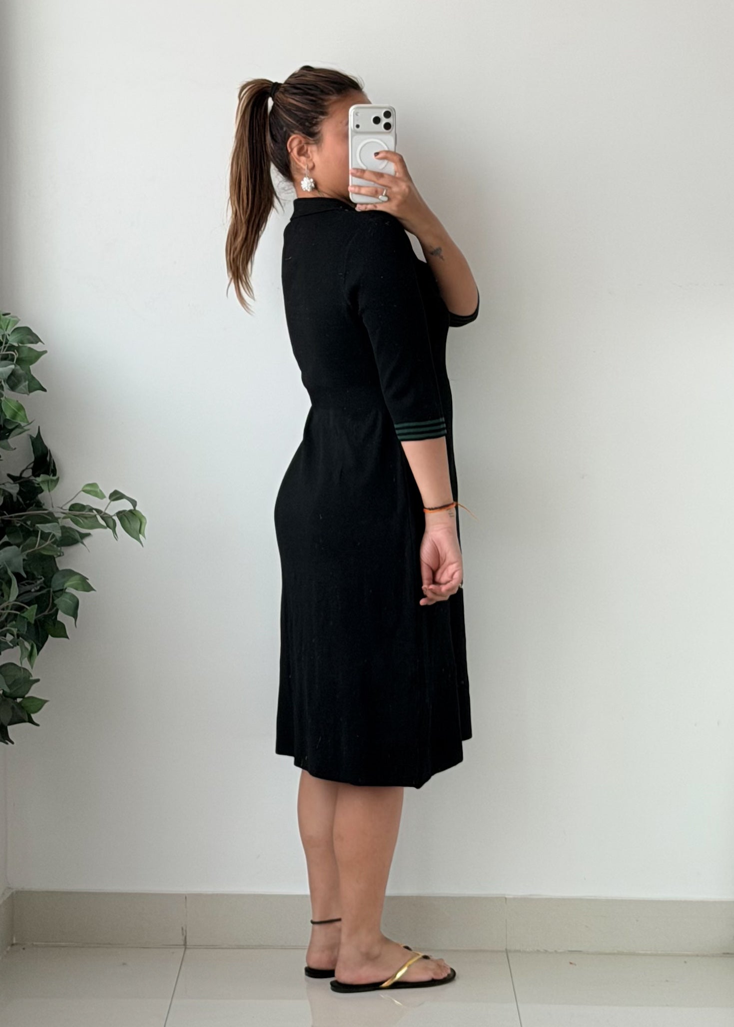 Size M-L Black Green Trim Button Front Bodycon Midi Dress