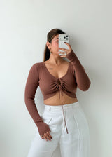 Size S-M Mocha Ruched Crop Top