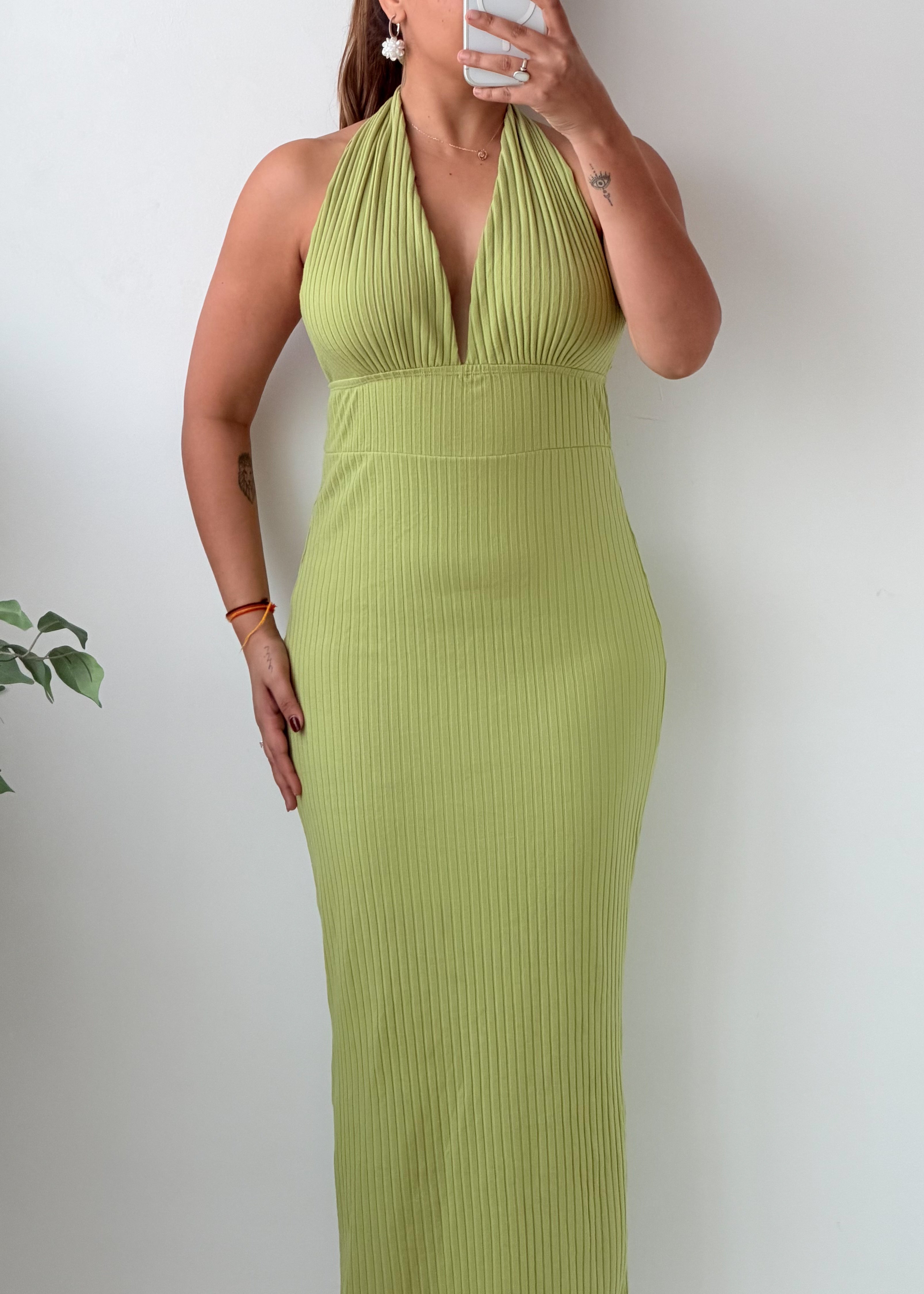 Size S-M Lime Green Halter Neck Ribbed Maxi Dress