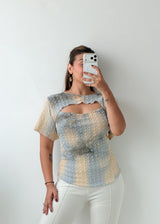 Size L-XXL Blue Cream Textured Cutout Top