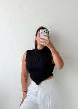 Size S-M Black Ribbed Asymmetric Crop Top