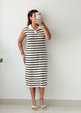 Size M-L Black White Striped Polo Midi Dress