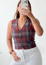 Bust 34, Maroon Plaid Button-Front Vest Top