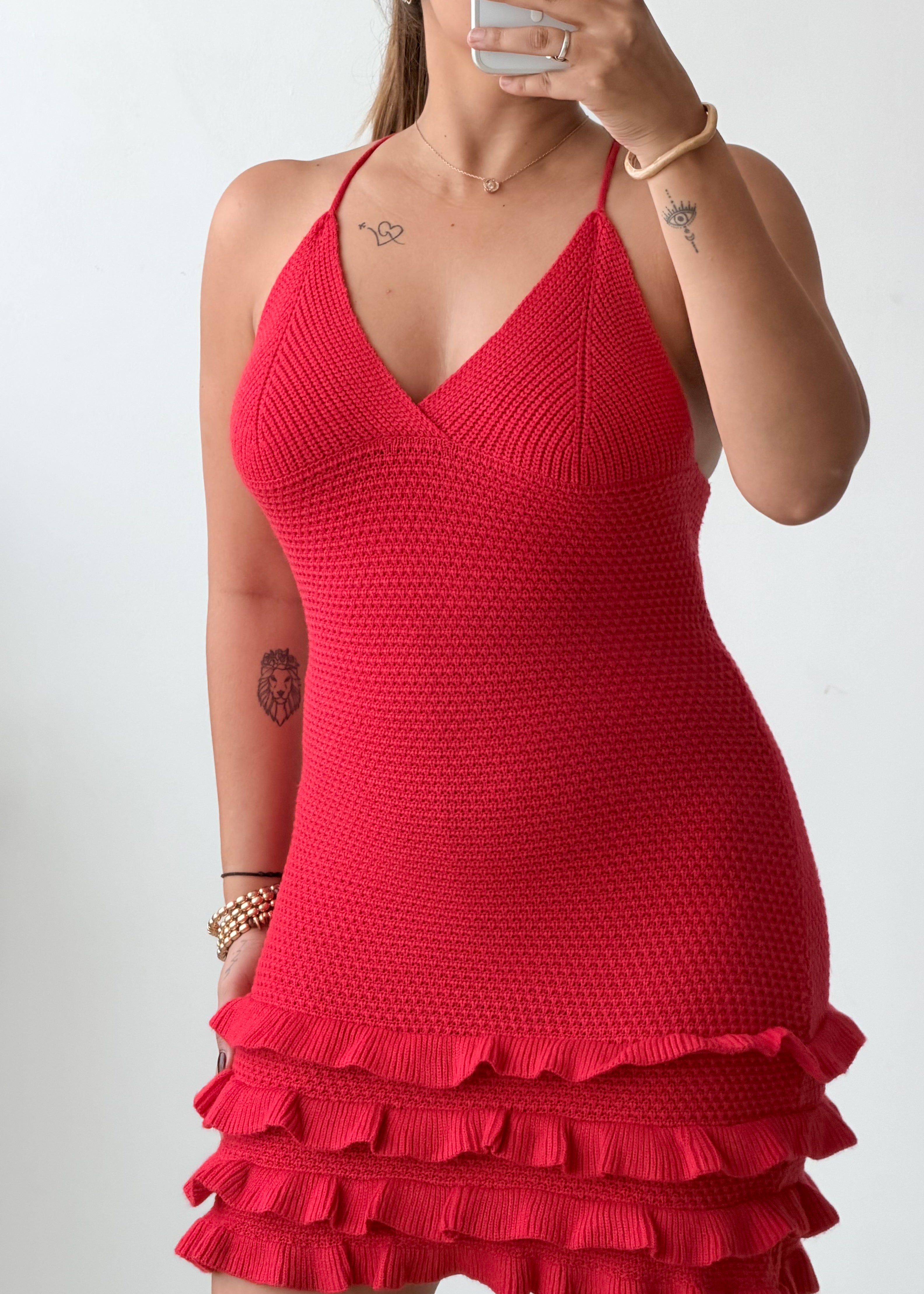 Size XS-S Red Ruffle Crochet Mini Dress
