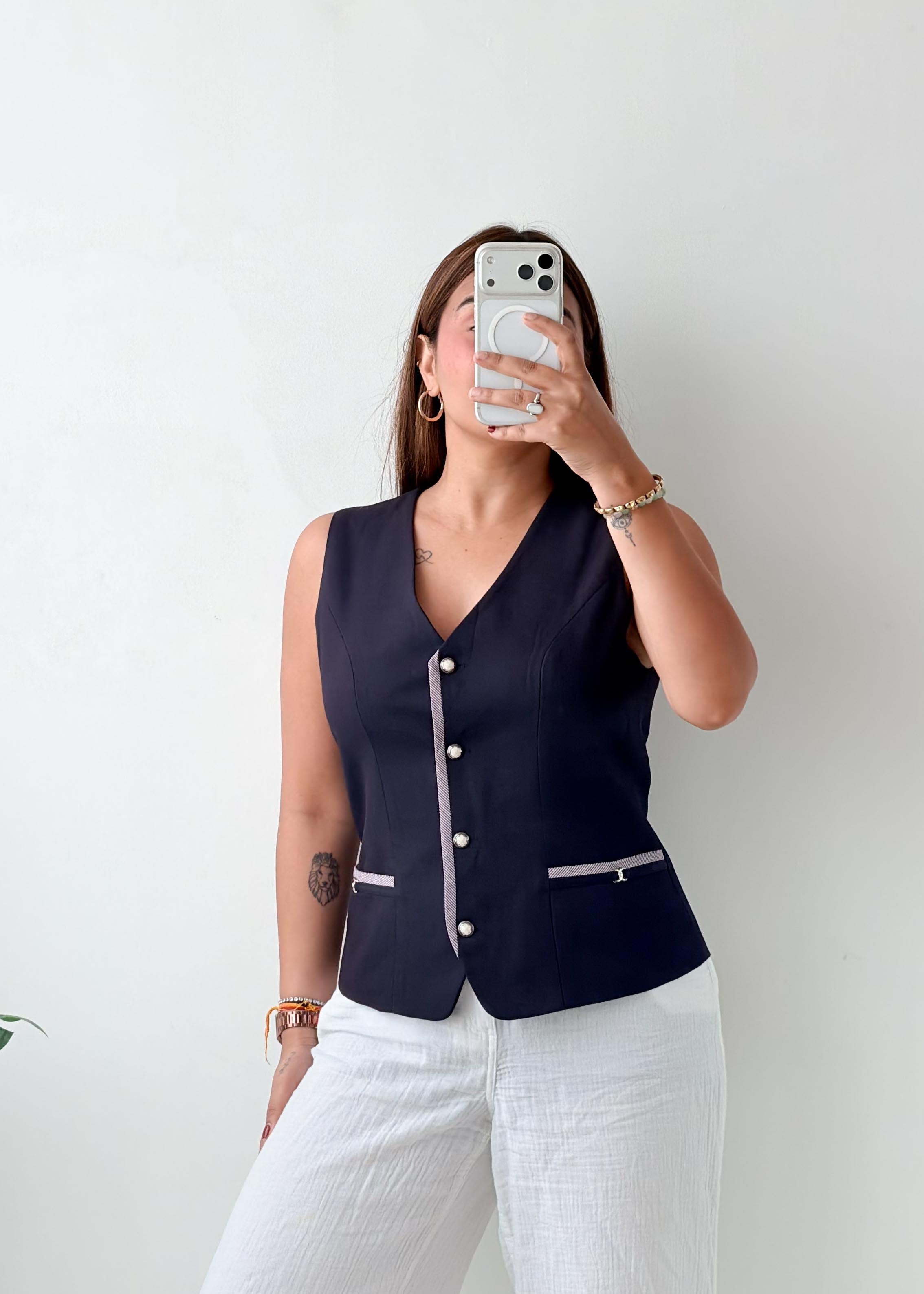 Bust 34, Navy Button-Front Vest Top
