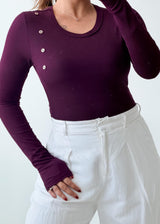 Size S-M Plum Purple Button-Detail Bodysuit