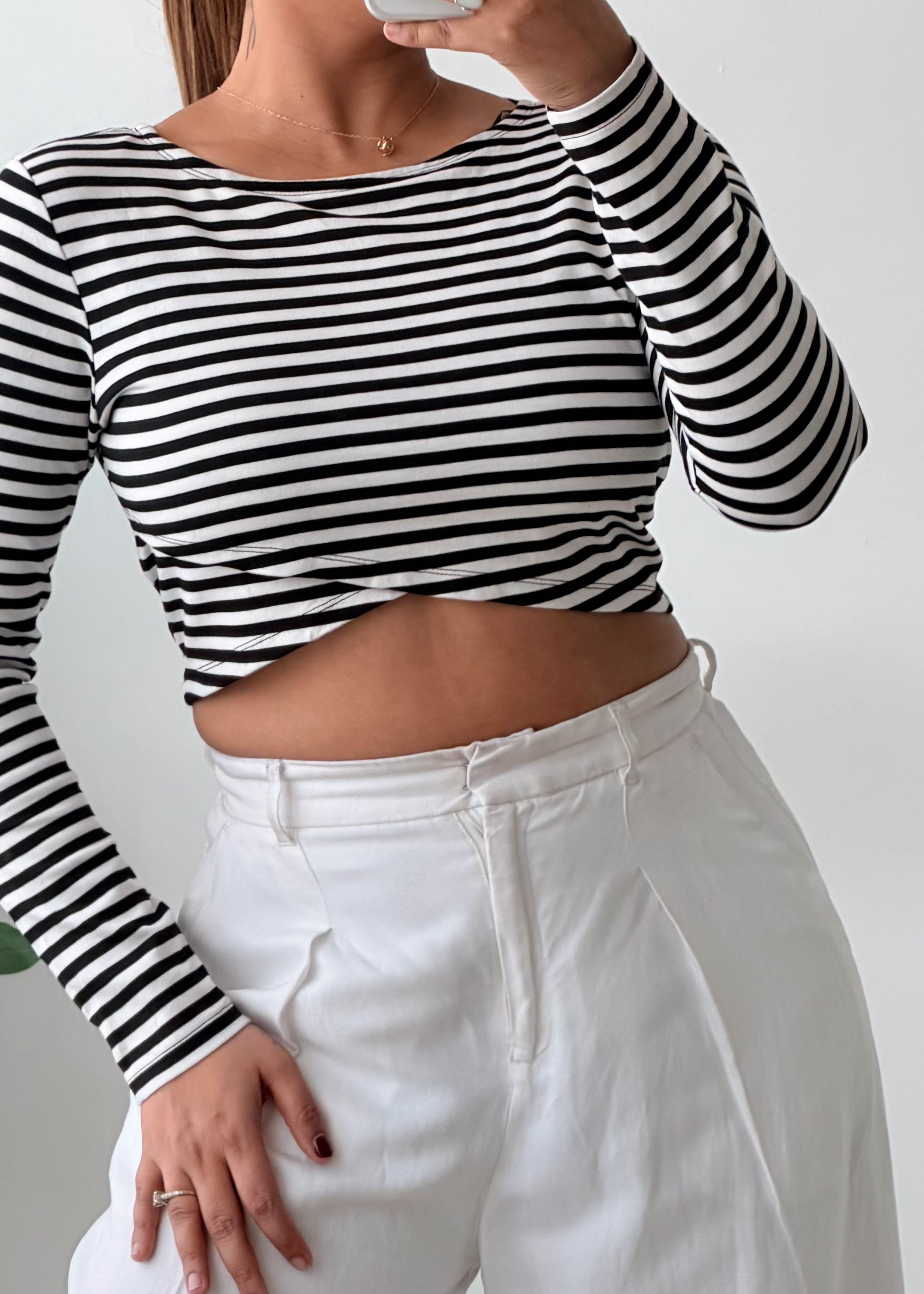 Size S-M Black and White Striped Crop Top