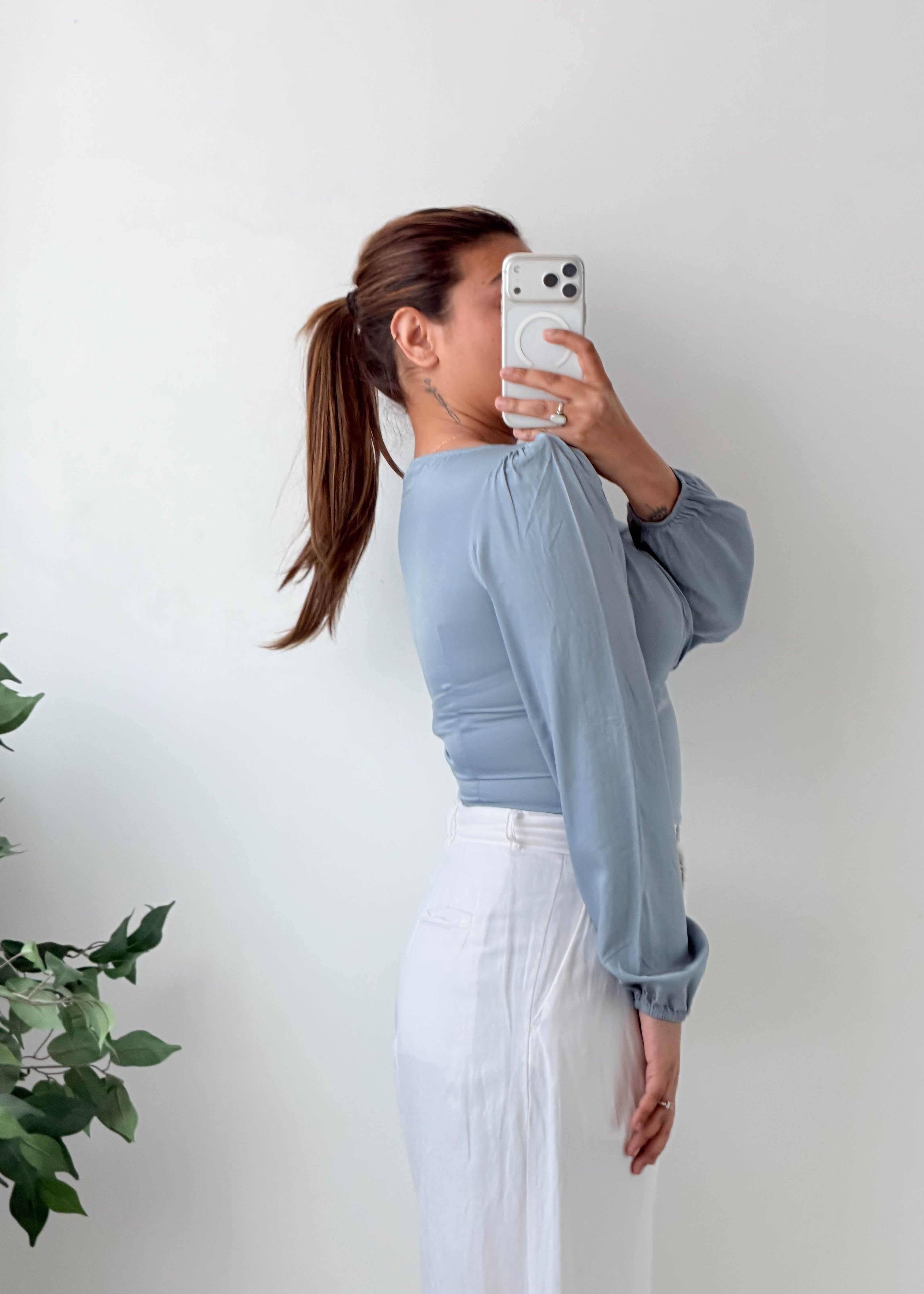 Size S Blue Square Neck Puff Sleeve Top