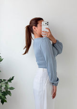Size S Blue Square Neck Puff Sleeve Top
