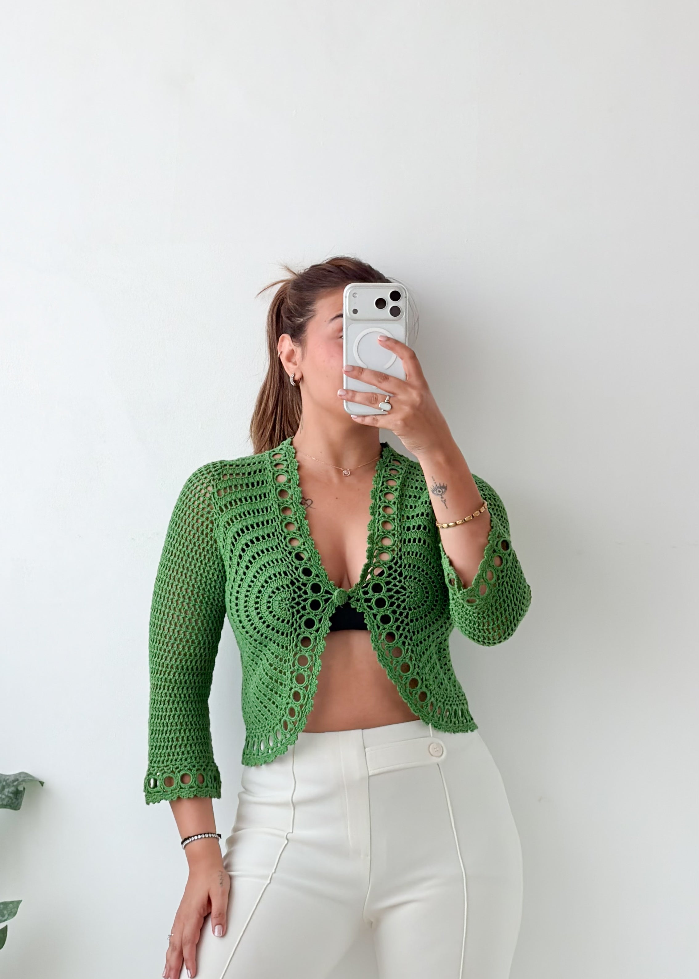 Size S-M Green Crochet Tie-Front Top