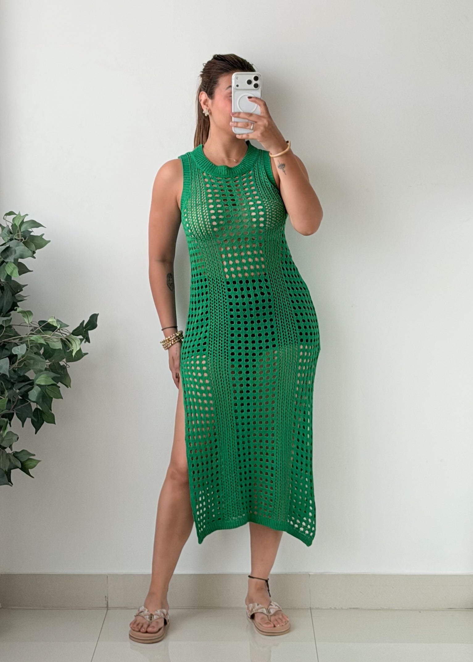 Size S-M Green Open-Knit Crochet Maxi Dress