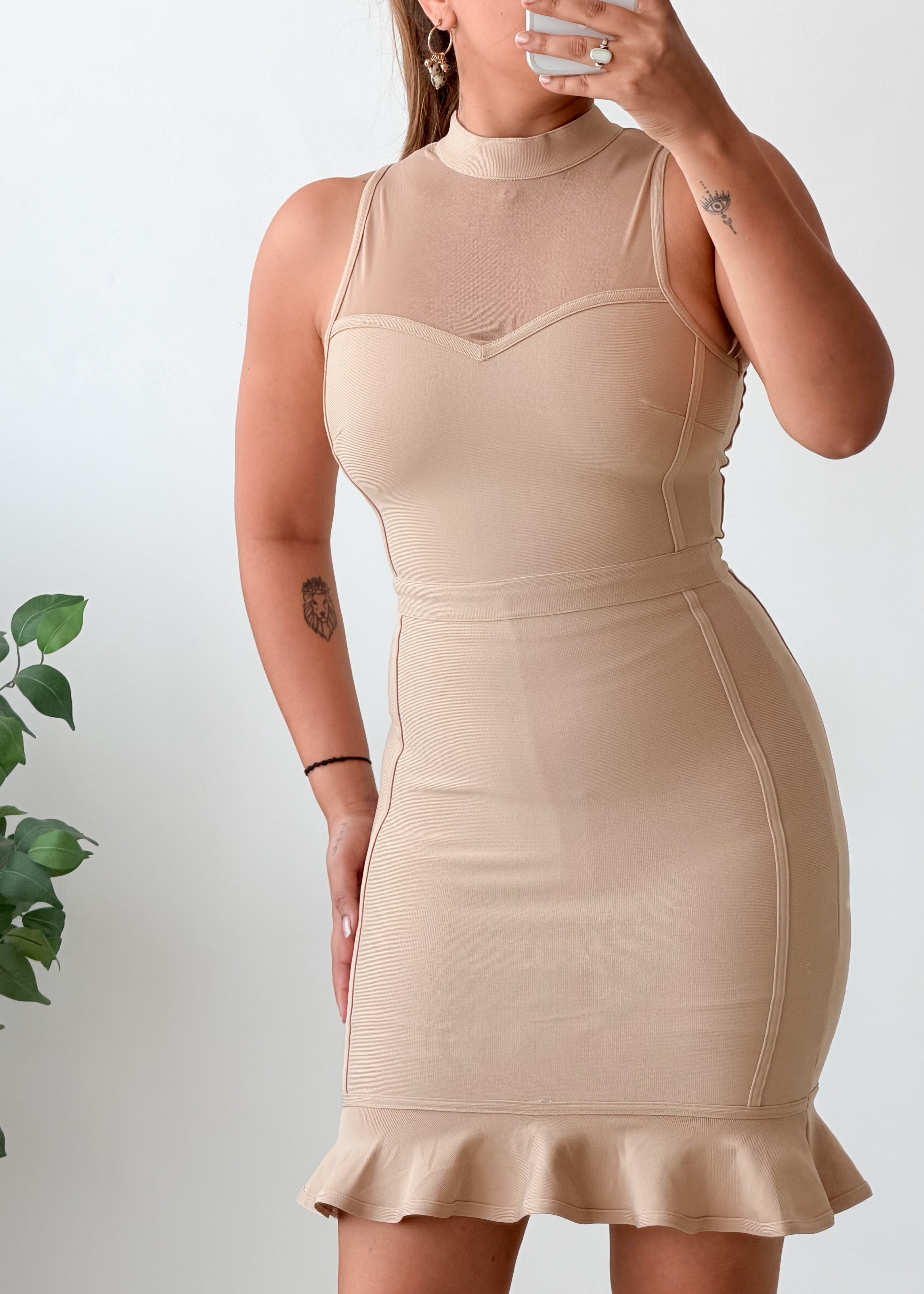Size XS Beige Structured Ruffle Hem Mini Dress