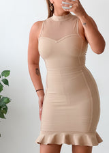 Size XS Beige Structured Ruffle Hem Mini Dress