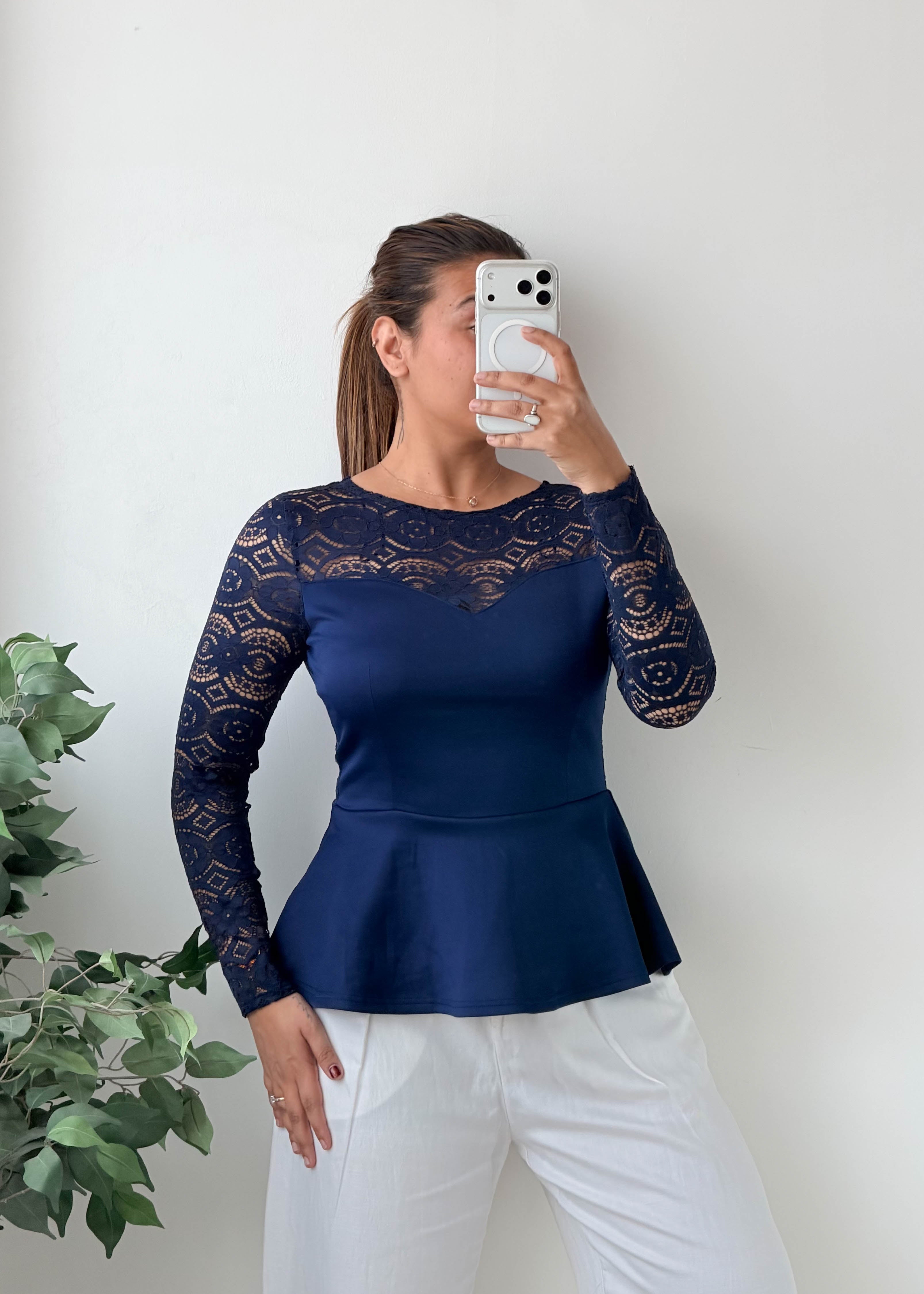 Size S-M Navy Blue Lace Peplum Top