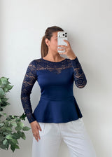 Size S-M Navy Blue Lace Peplum Top