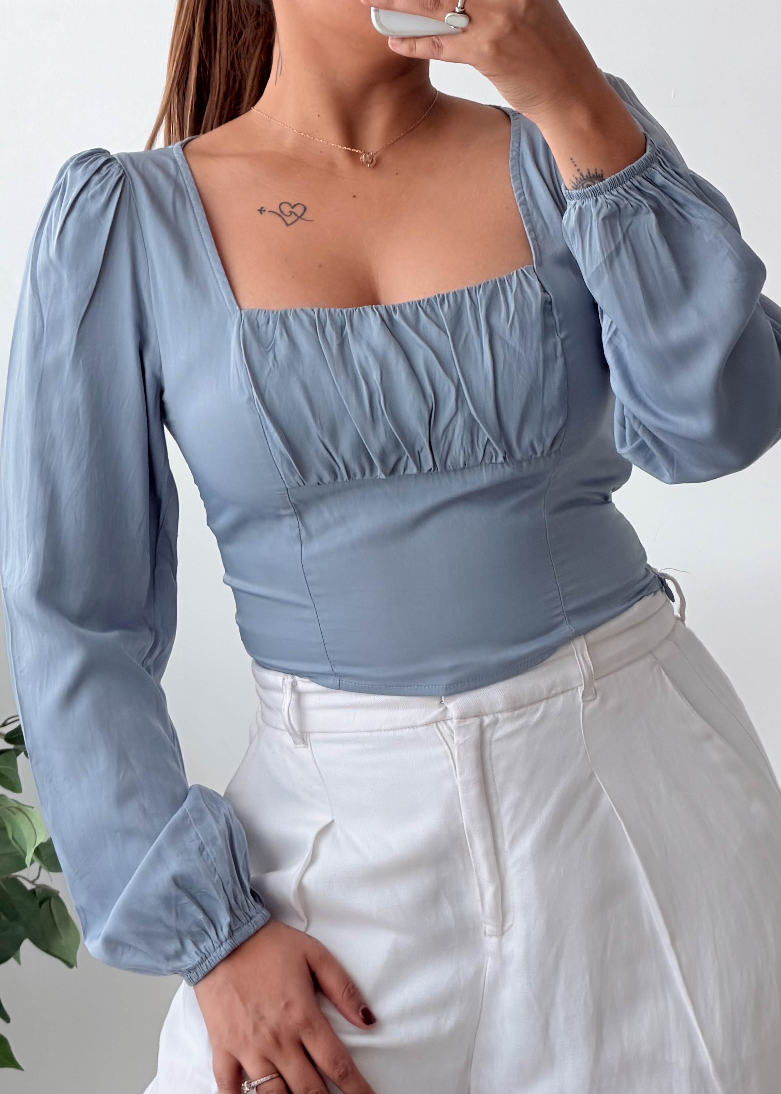 Size S Blue Square Neck Puff Sleeve Top