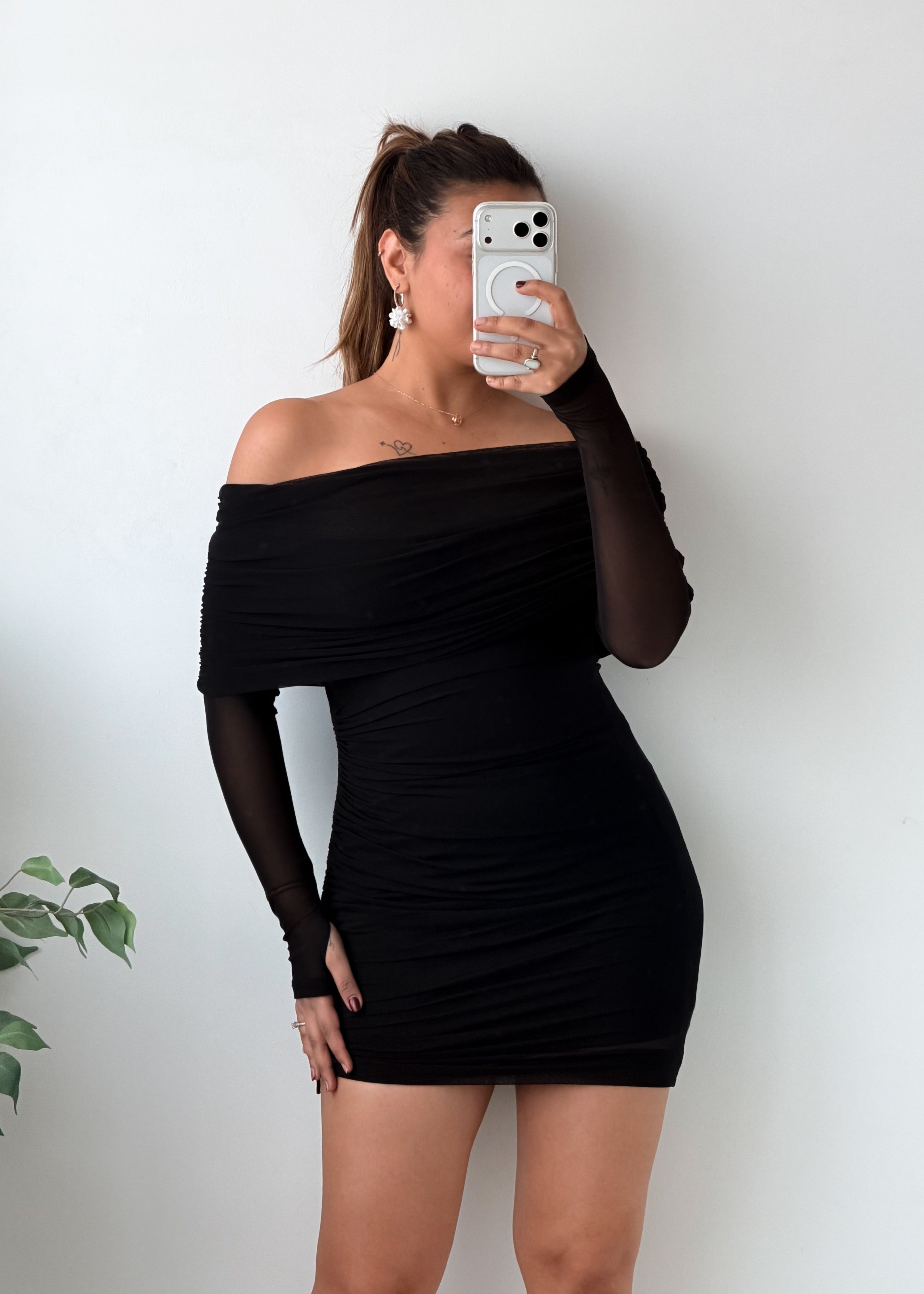 Size XS-M Black Off Shoulder Ruched Bodycon Mini Dress