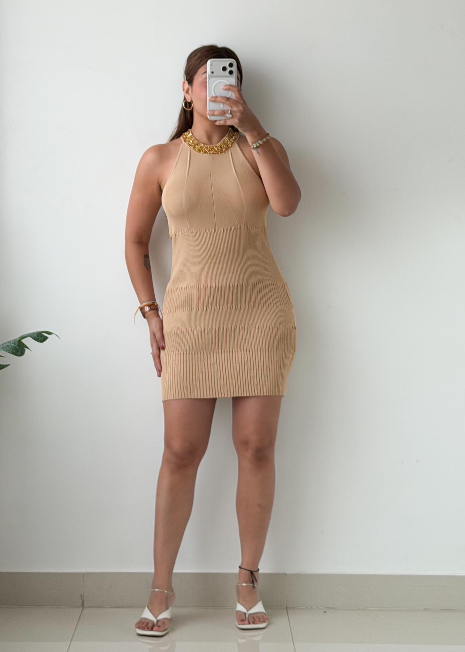 Size M-L Beige Halter Knit Mini Dress