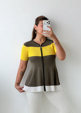 Size S-M Olive Yellow Colorblock Zip-Front Top