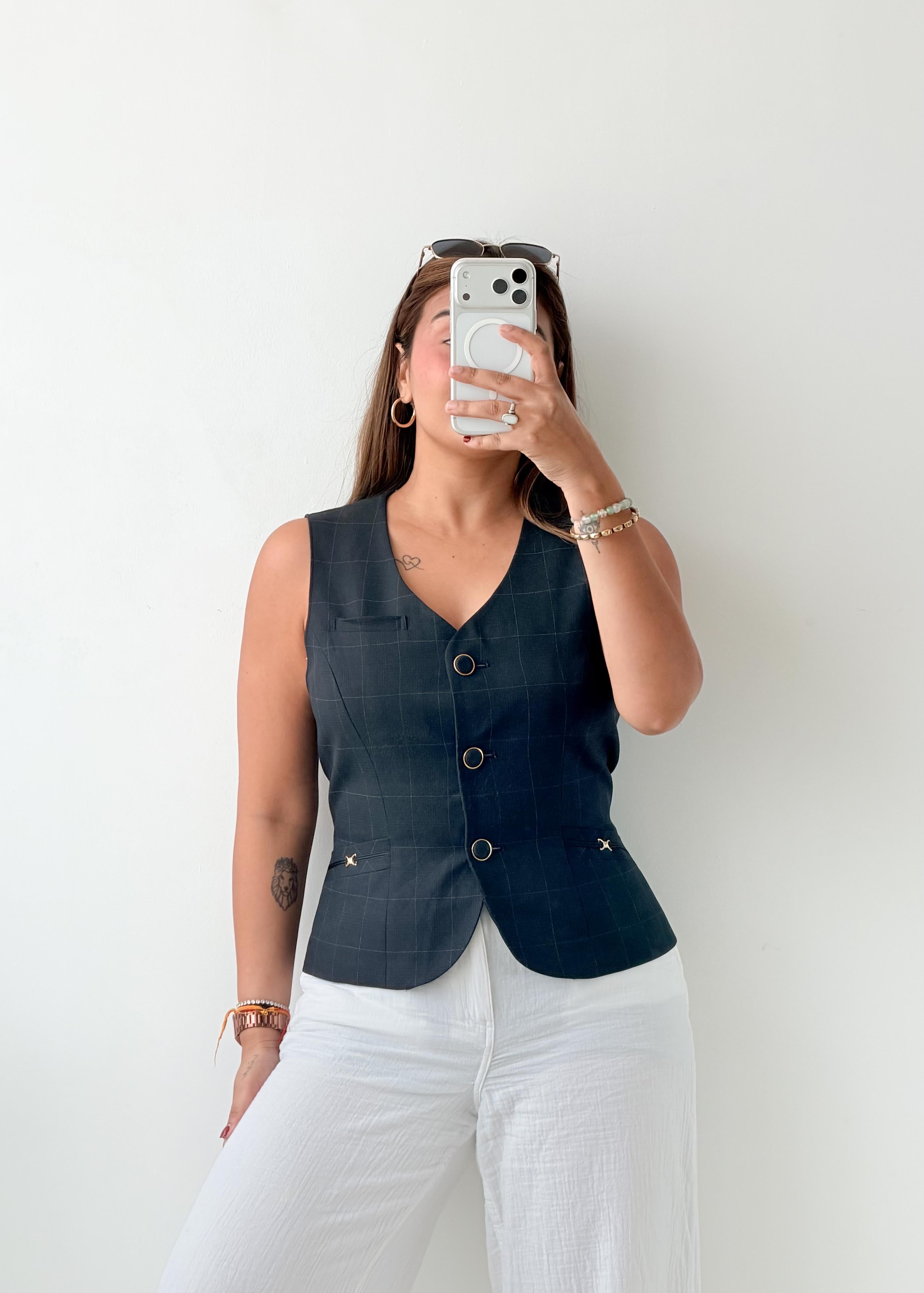 Bust 34, Navy Checked Vest Top