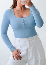 Size XS-S Light Blue Ribbed Button-Front Bodysuit