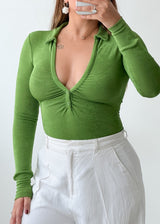 Size XS-S Green Button-Front V-Neck Bodysuit