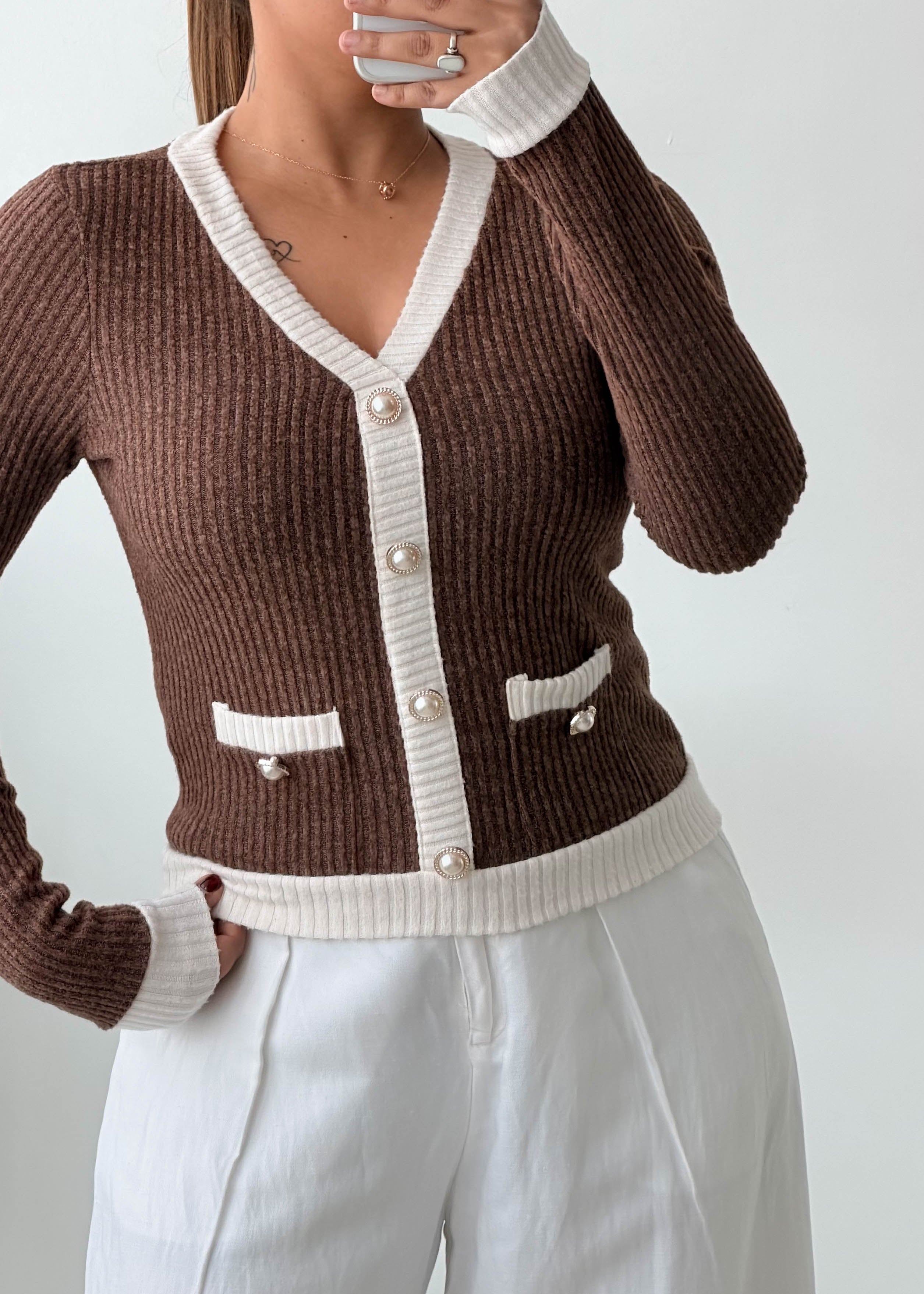 Size S-M Brown Ribbed Contrast Cardigan Top