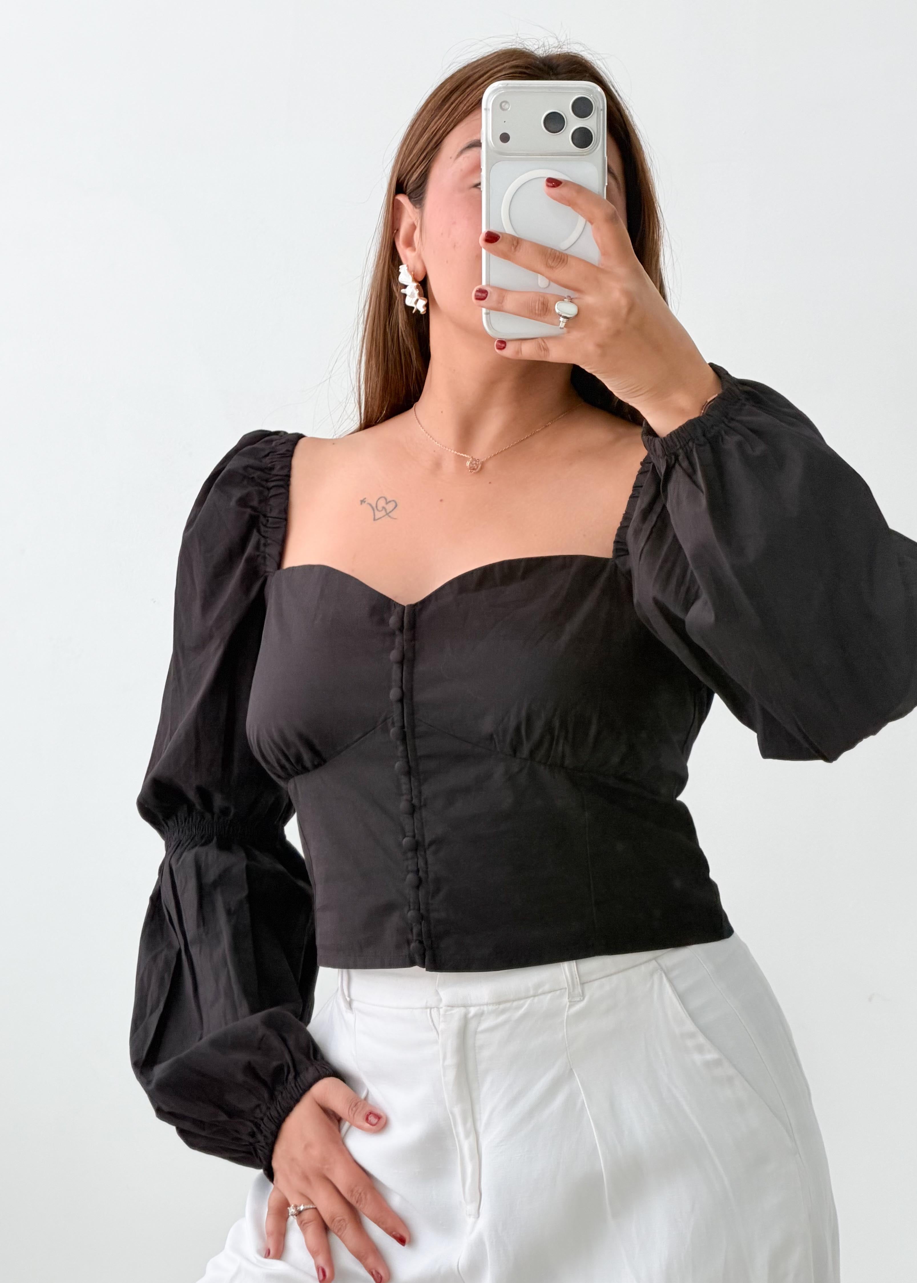 Size M-L Black Puff Sleeve Corset Top