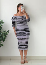 Size XS-S Black grey Striped Off-Shoulder Midi Dress