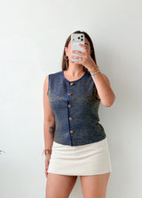 Bust 35, Blue Textured Button-Front Vest Top