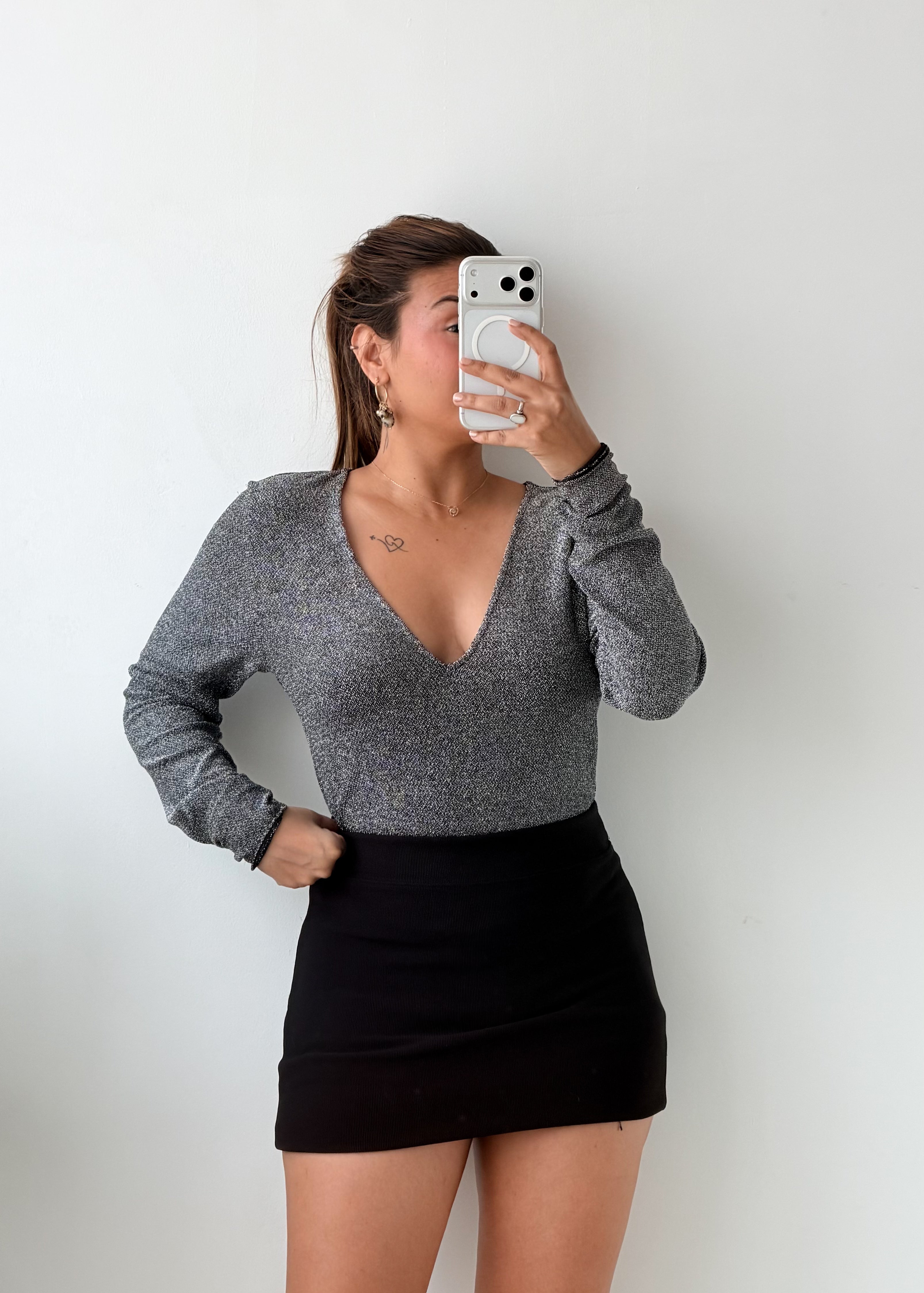 Size M-L Grey V-Neck Shimmer Bodysuit