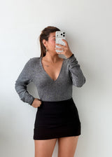 Size M-L Grey V-Neck Shimmer Bodysuit