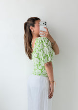 Size S-M Green Floral Puff Sleeve Top