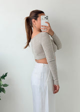 Size XS-S Grey Ribbed Button-Front Crop Top