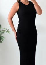 Size M-L Black Ribbed Sleeveless Bodycon Midi Dress
