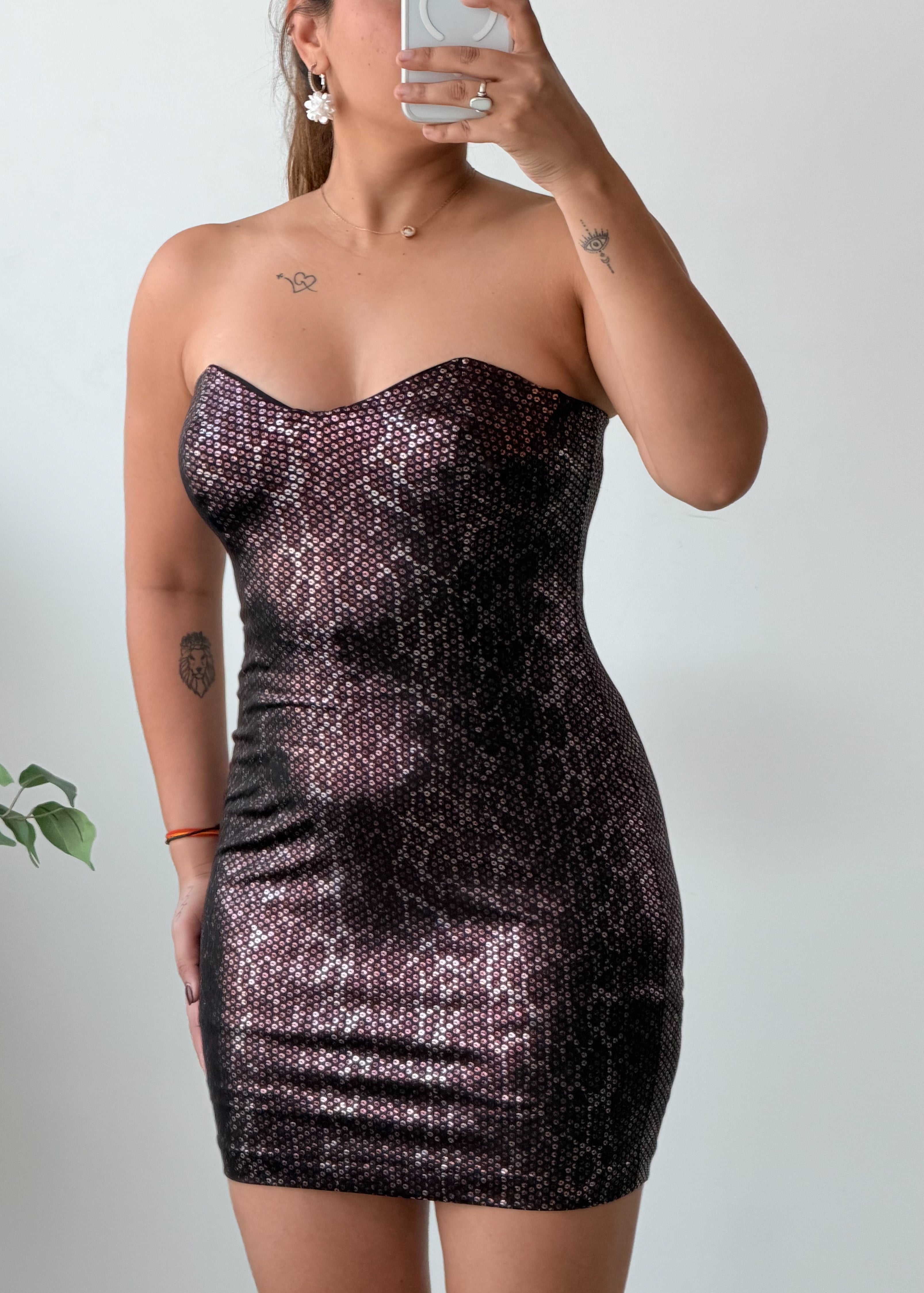 Size S-M Black Rose Gold Sequin Strapless Mini Dress