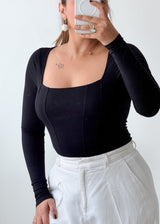 Size S-M Black Square Neck Long Sleeve Bodysuit