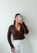 Size M-L Brown Ribbed Polo Top