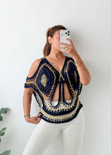 Size XS-M Navy Gold Embellished Crochet Top