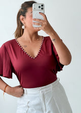 Size XL-2XL Wine Red Embellished V-Neck Bodysuit