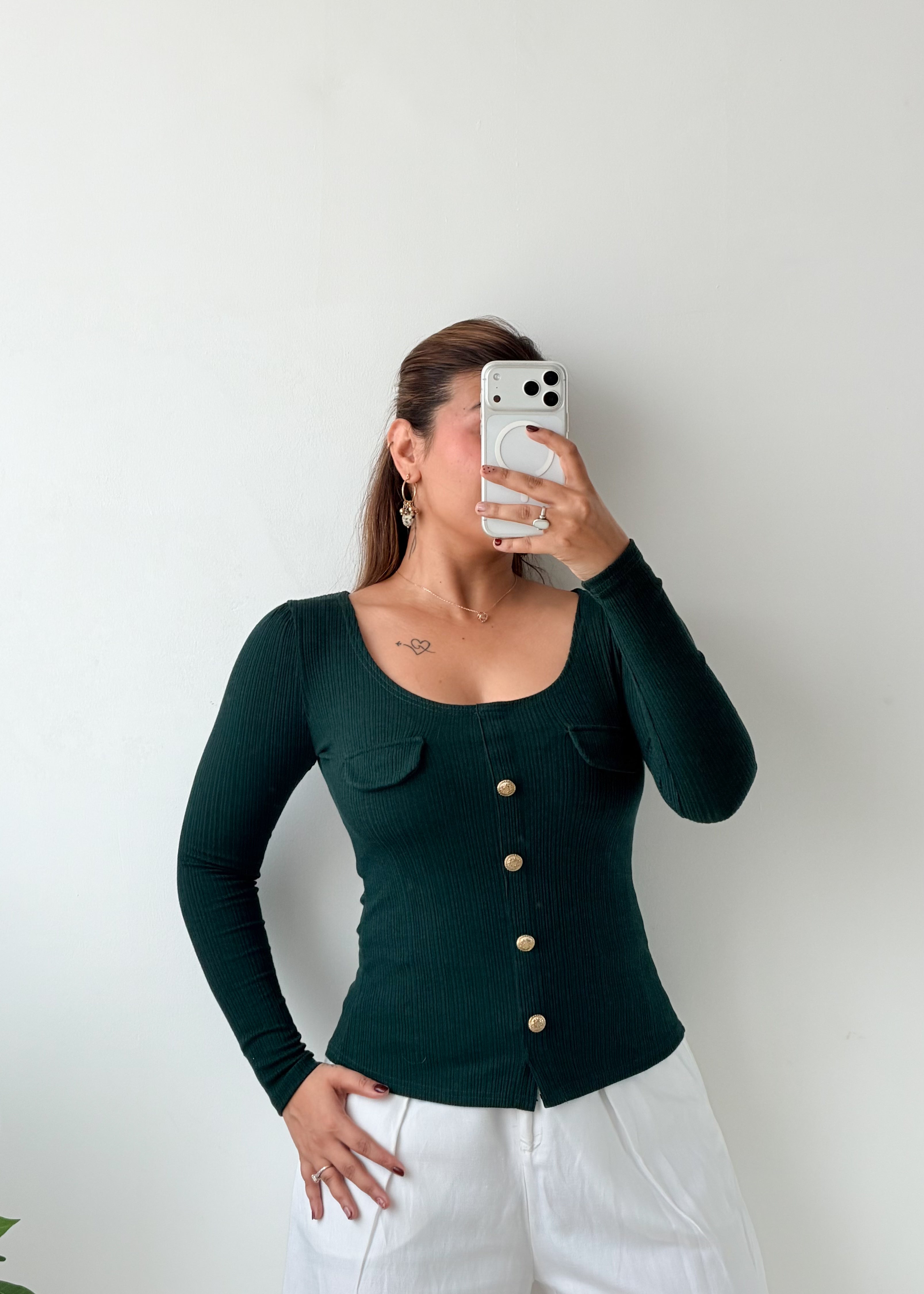Size XS-S Deep Green Button-Front Top