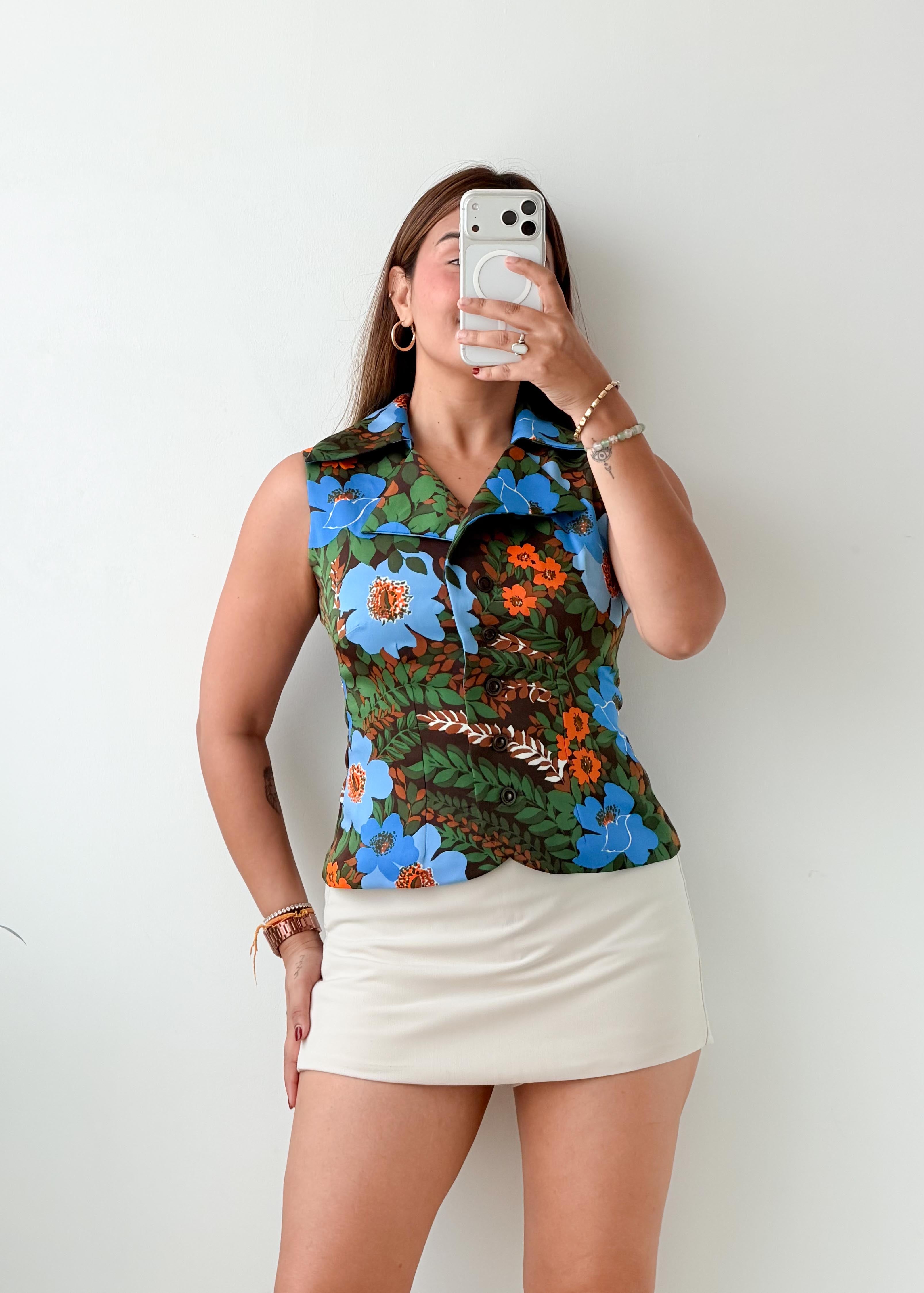 Bust 34, Blue Floral Printed Vest Top