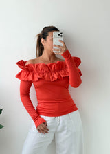 Size M-L Red Ruffle Off-Shoulder Top
