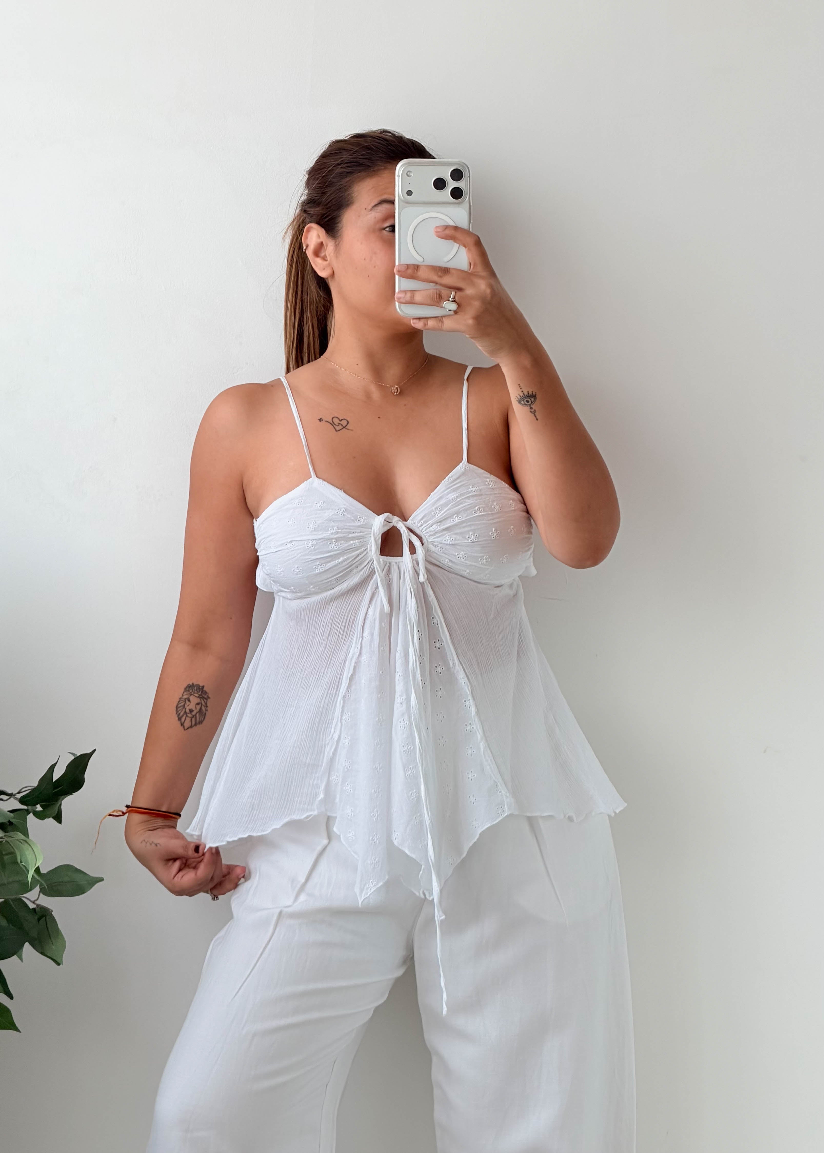 Size S-M White Tie-Front Peplum Top