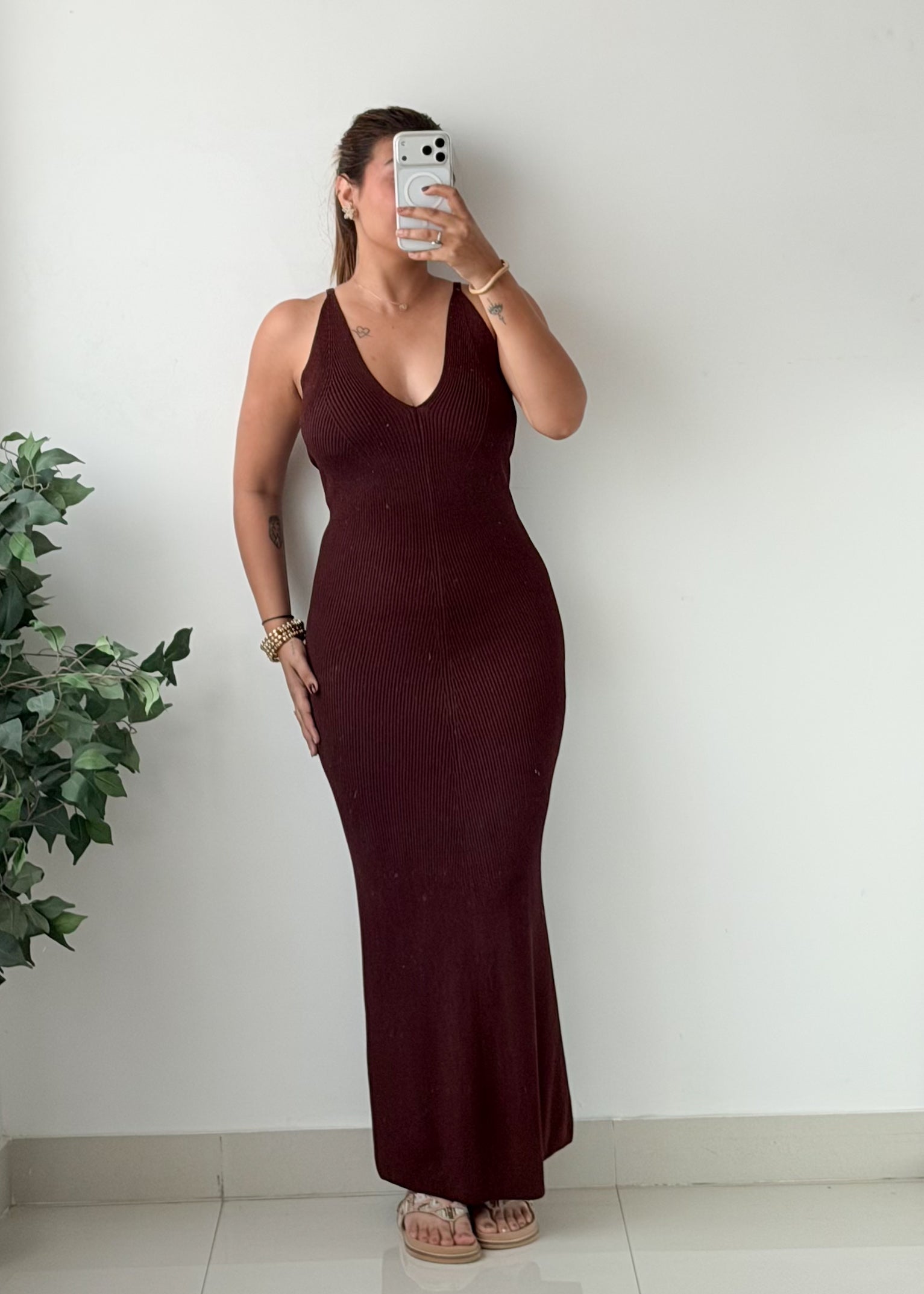 Size XS-M Brown Crochet Ribbed Halter Neck Maxi Dress