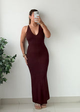 Size XS-M Brown Crochet Ribbed Halter Neck Maxi Dress