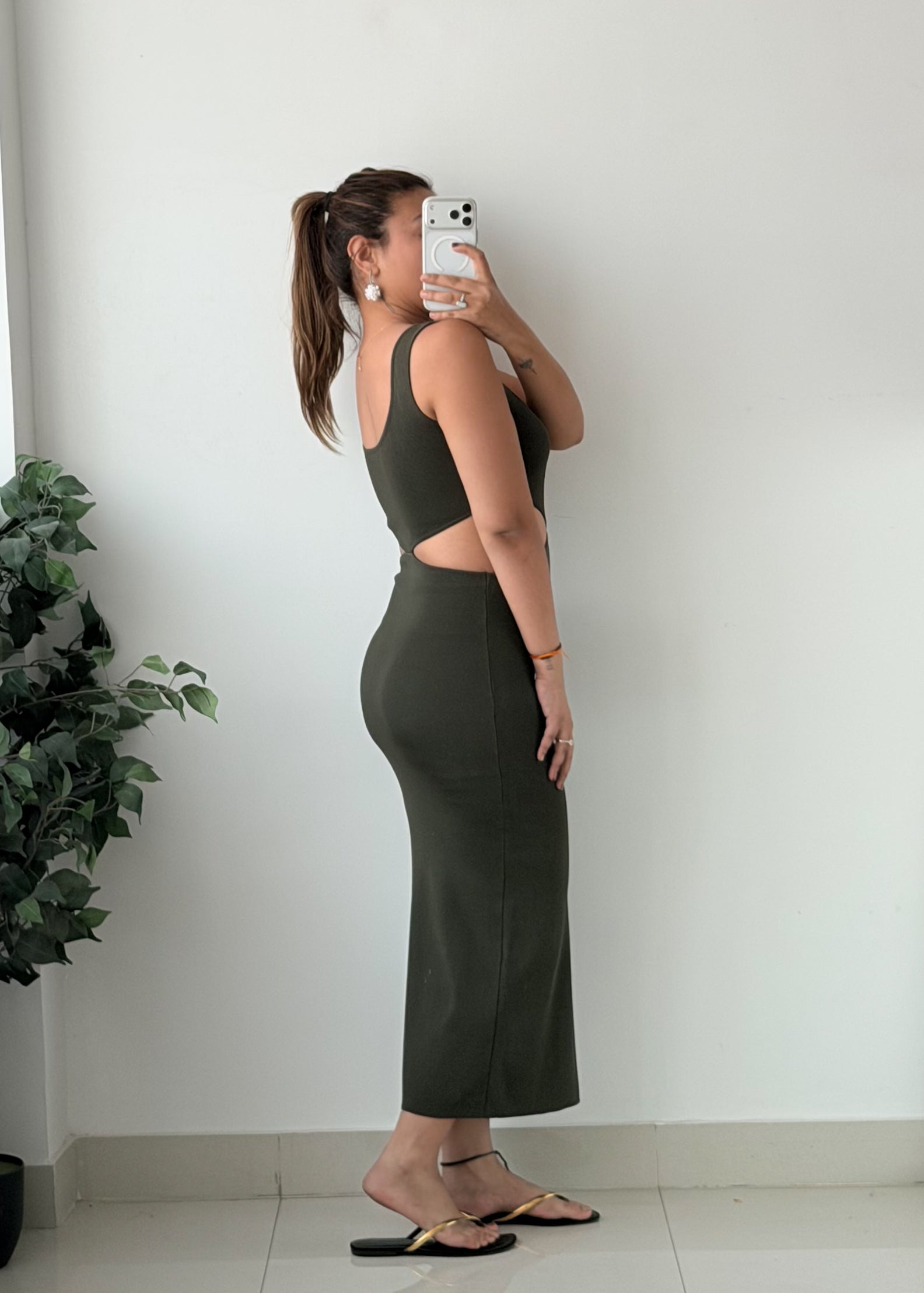 Size S-M Dark Olive Cutout Bodycon Maxi Dress